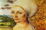 il viso di una donna del 600 con un turbante bianco in testa